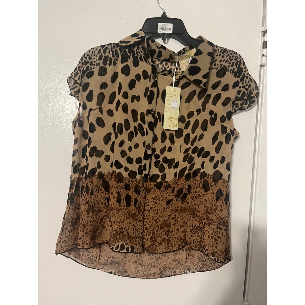 Michael K Leopard Print Button Down Blouse Brown‎ Tan Sheer Cap Sleeve L 
81275
